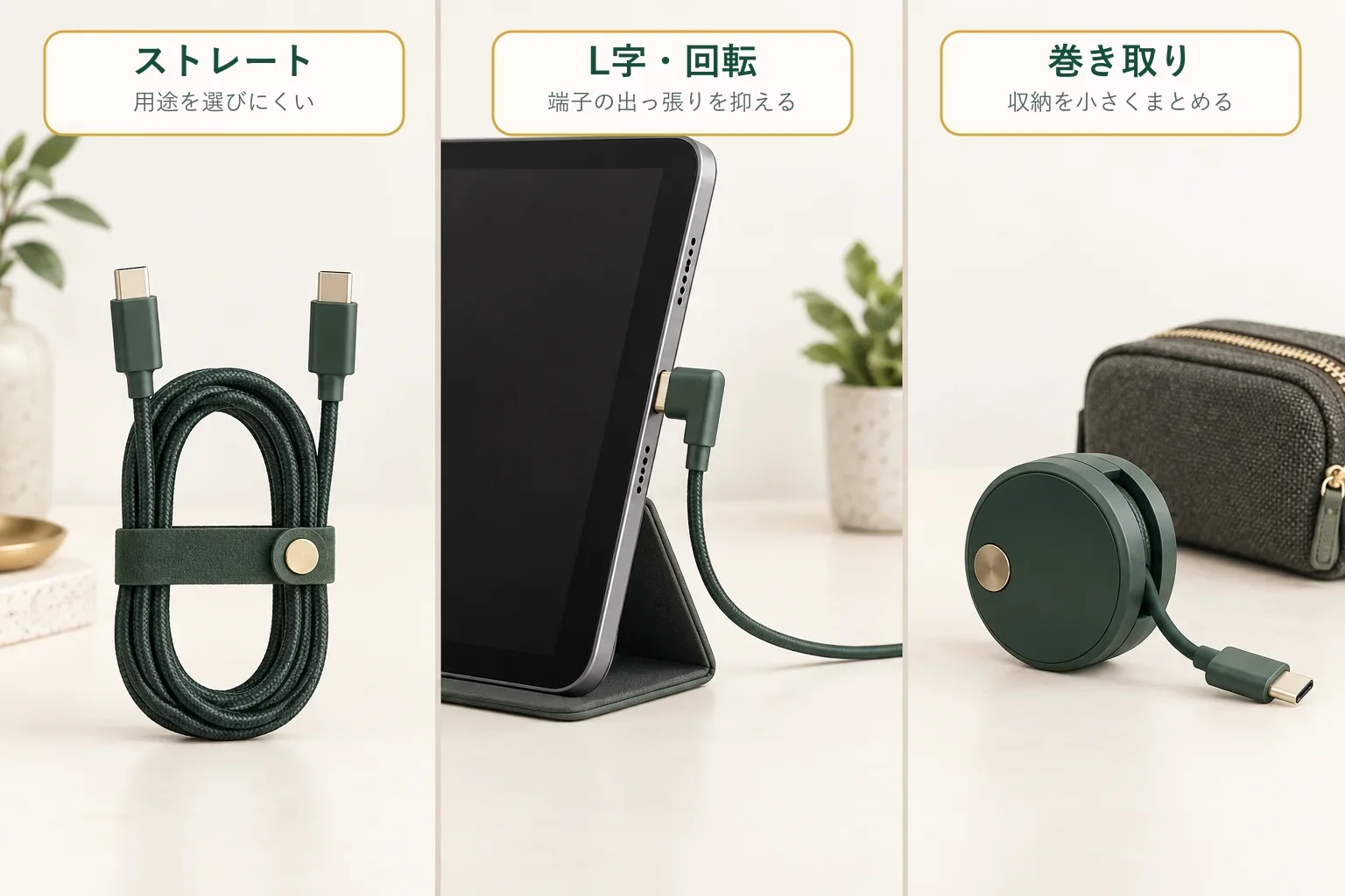 ストレート・L字・巻き取り式USB-C充電ケーブルの形を比較する図解