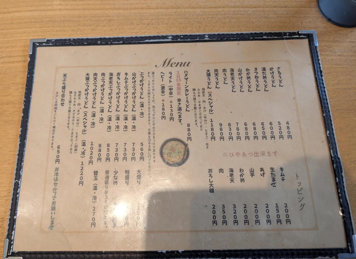 さるやのメニューを開いた様子